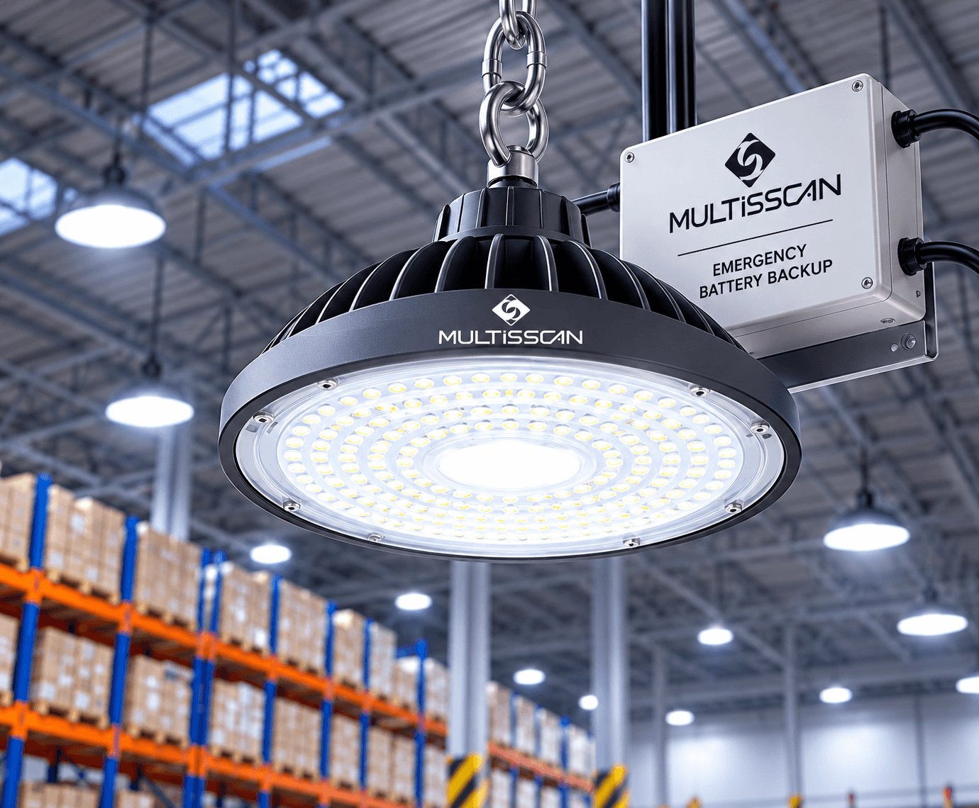 MULTiSSCAN emergency LED high bay light with battery backup for industrial warehouses and commercial spaces.