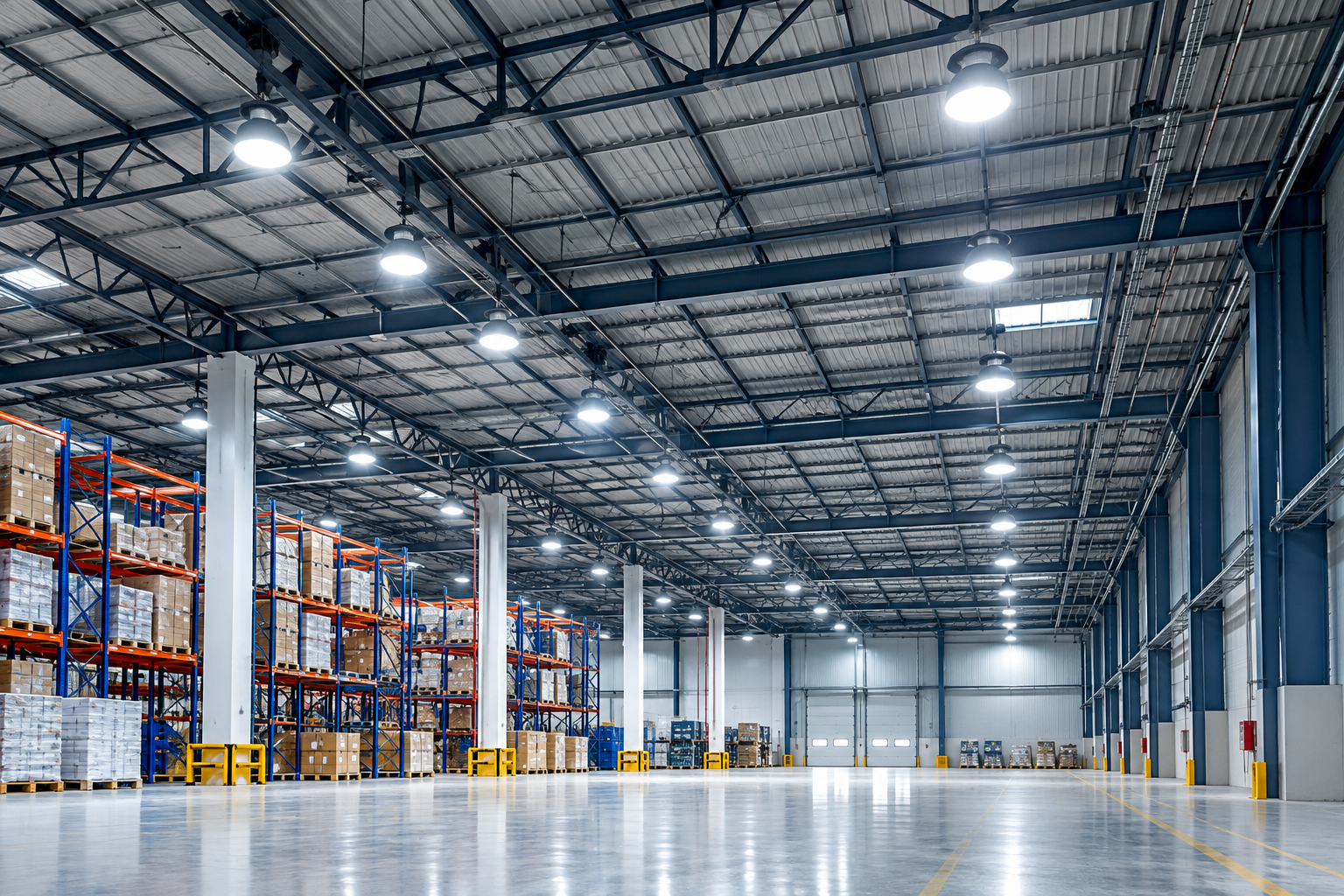 Modern warehouse illuminated by LED high-bay lights