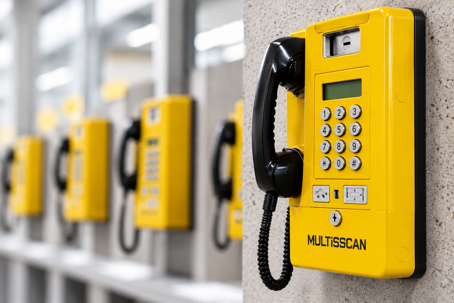 Illustrative yellow wall-mounted payphone representing MULTiSSCAN's early PCO history