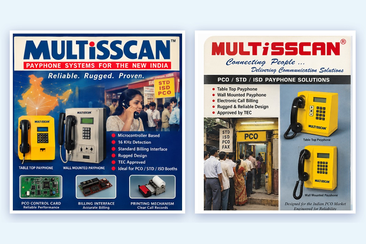 Archival MULTiSSCAN brochure from the PCO era showing wall-mounted and coin-operated desktop payphones, an STD PCO monitor and a local call meter